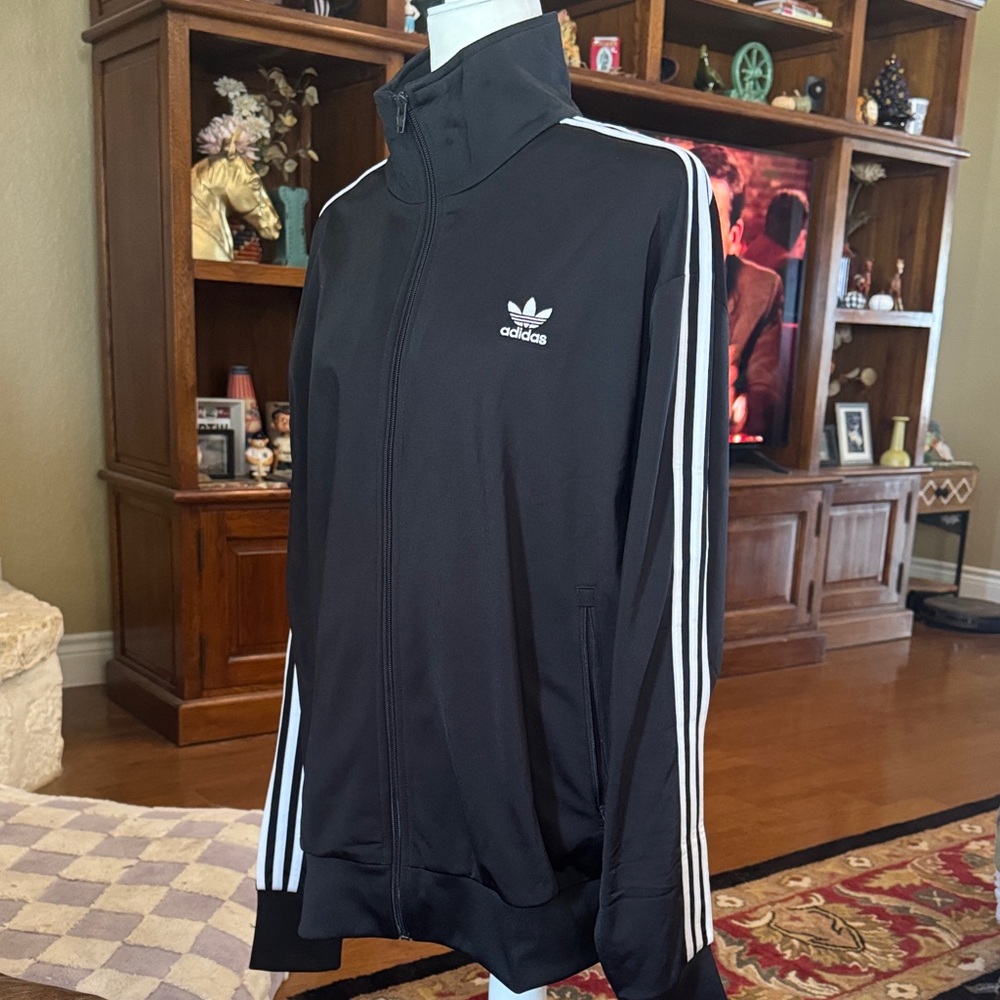 Adidas Men's Black vintage style moc neck track jacket with White Stripes